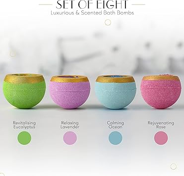 Eco-Lux Essentials Set of 8 Luxury Bath Bombs 100 Natural Organic Vegan Home Spa Pamper Birthday Gift Christmas Presents Essential Oil Scented Bath Fizzer - Image 4
