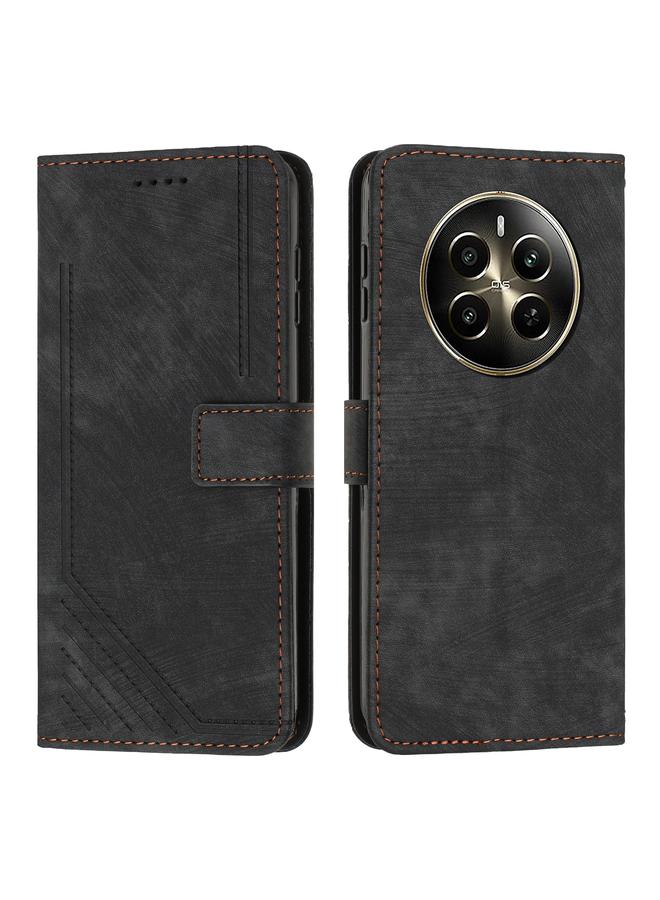 Green Tiger For Realme 12+ Skin Feel Stripe Pattern Leather Phone Case with Lanyard(Black)