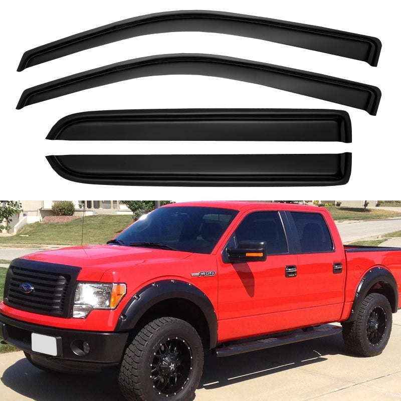 YQAUTEC Window Visors Rain Guards for 2009-2014 Ford F150 SuperCrew Cab, Out-Channel Window Vent Wind Deflectors Visors Shades for 2010-2014 F-150 SVT Raptor Full-Size Cab - Image 1