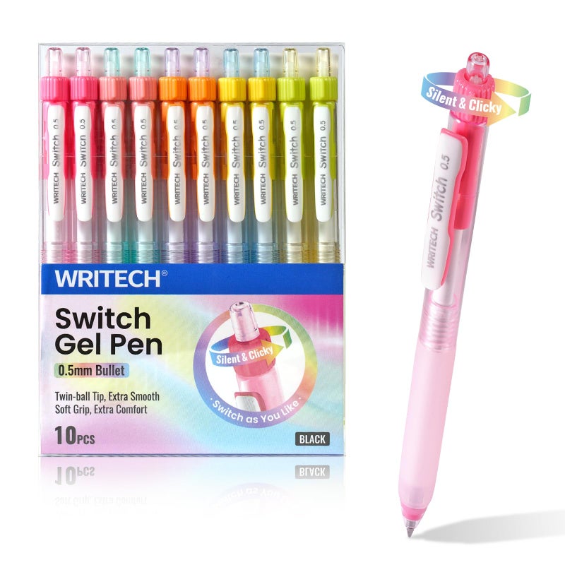 WRITECH أقلام حبر جل قابلة للسحب WRITECH: 0.5 مم حبر أسود تبديل بين الصمت والضغط قبضة ناعمة قلم دقيق لتدوين الملاحظات كتابة سلسة جفاف سريع بدون تسرب 10 قطع - Image 1