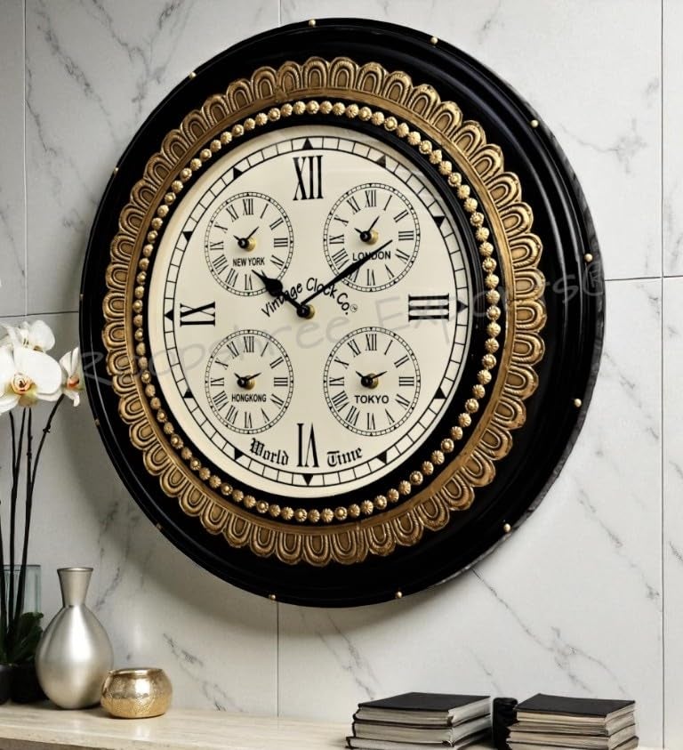 Vintage Clock Handcrafted Wooden Brass Inlay Clock (18 x18 inch, VC-1604-18-WC) - Image 4