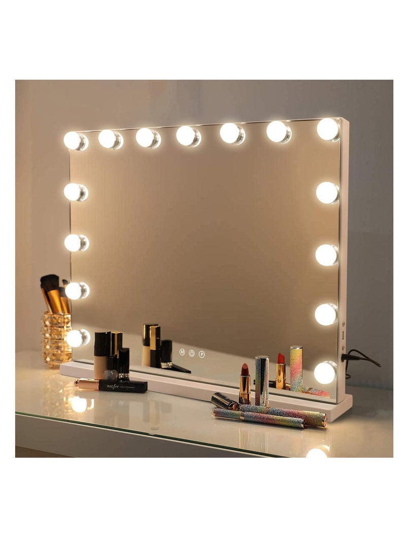 Arabest - Makeup Mirror with Lights, Hollywood Lighted Mirror with 15 Dimmable LED Bulbs,3 Colors Modes,Touch Control,USB Charging Port,Metal Frame,White - Image 1