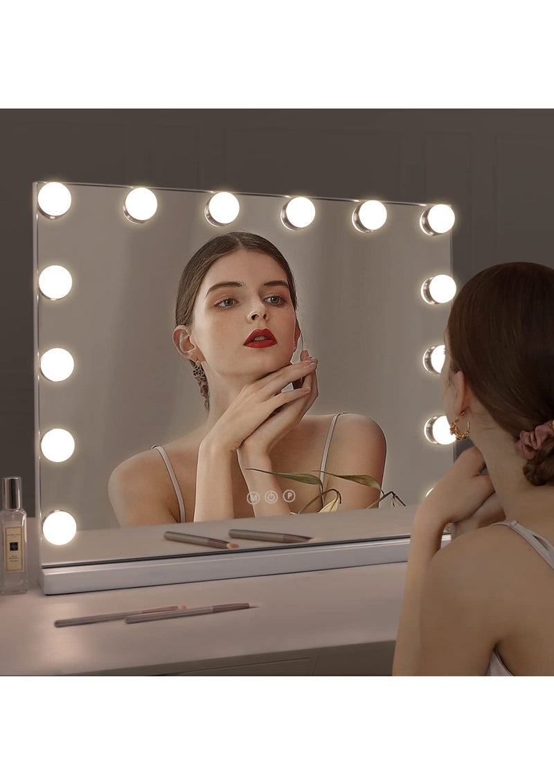 Arabest - Makeup Mirror with Lights, Hollywood Lighted Mirror with 15 Dimmable LED Bulbs,3 Colors Modes,Touch Control,USB Charging Port,Metal Frame,White - Image 1