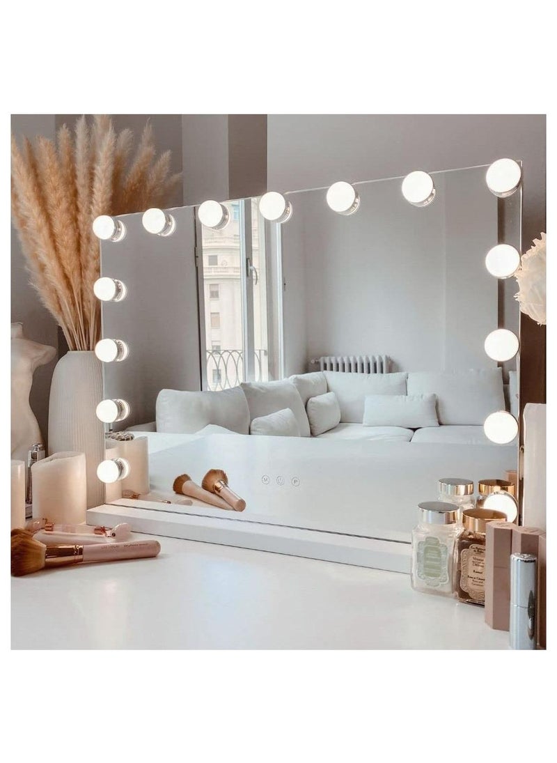 Arabest مرآة مكياج مع أضواء، مرآة مضاءة على طراز هوليوود مع 15 لمبة LED قابلة للتعتيم، 3 أوضاع ألوان، تحكم باللمس، منفذ شحن USB، إطار معدني، أبيض - Image 1