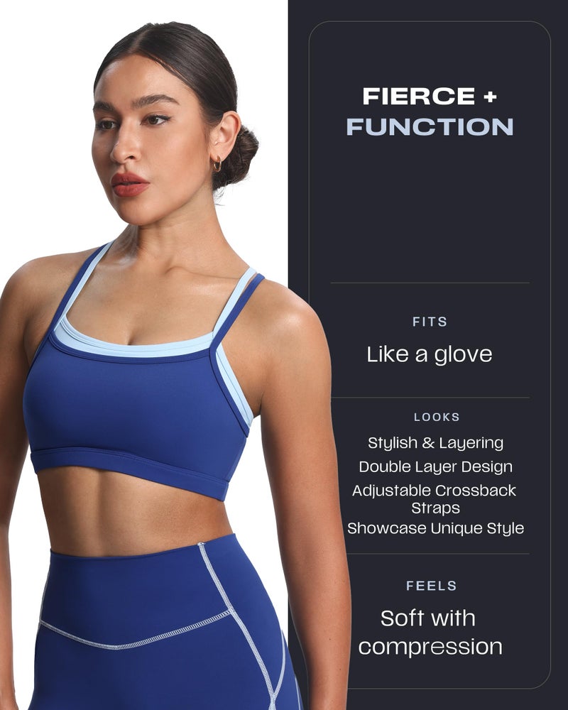 Aoxjox Women's Workout Sports Bras Takes Two Bra High Impact Training Fitness Running Yoga Crop Tank (Bellwether Blue/Airy Blue, X-Small) - Image 2