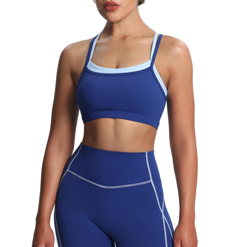 Aoxjox Women's Workout Sports Bras Takes Two Bra High Impact Training Fitness Running Yoga Crop Tank (Bellwether Blue/Airy Blue, X-Small) - Image 1