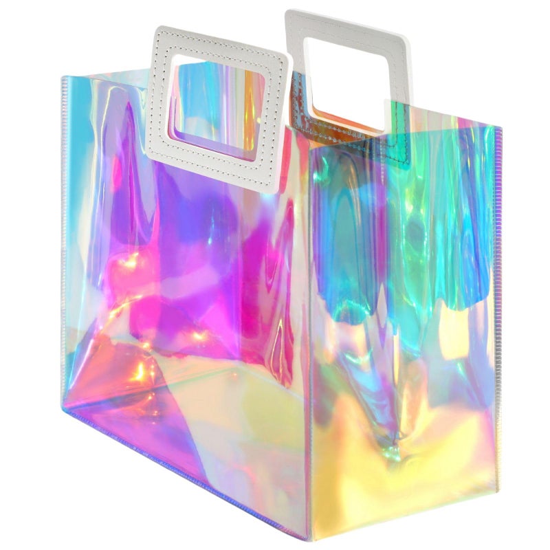 VUOJUR Holographic Large Gift Bag 12.8x11.6x5.7'' Clear Reusable Birthday Gift Bag for Women Girls Iridescent Bachelorette Wedding Christmas with Handle - Image 1