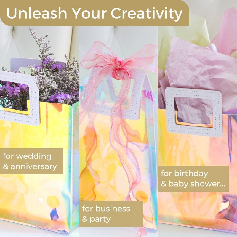 VUOJUR Holographic Large Gift Bag 12.8x11.6x5.7'' Clear Reusable Birthday Gift Bag for Women Girls Iridescent Bachelorette Wedding Christmas with Handle - Image 3