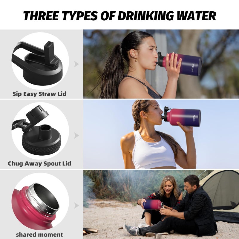 WATERSY 64oz Insulated Water Bottle (Cold for 48 Hrs),BPA Free&Leak Proof,Half Gallon Stainless Steel Water Flask,Water Jug with Straw Spout Lids for Gym,Hiking,Camping,Red Purple - Image 3