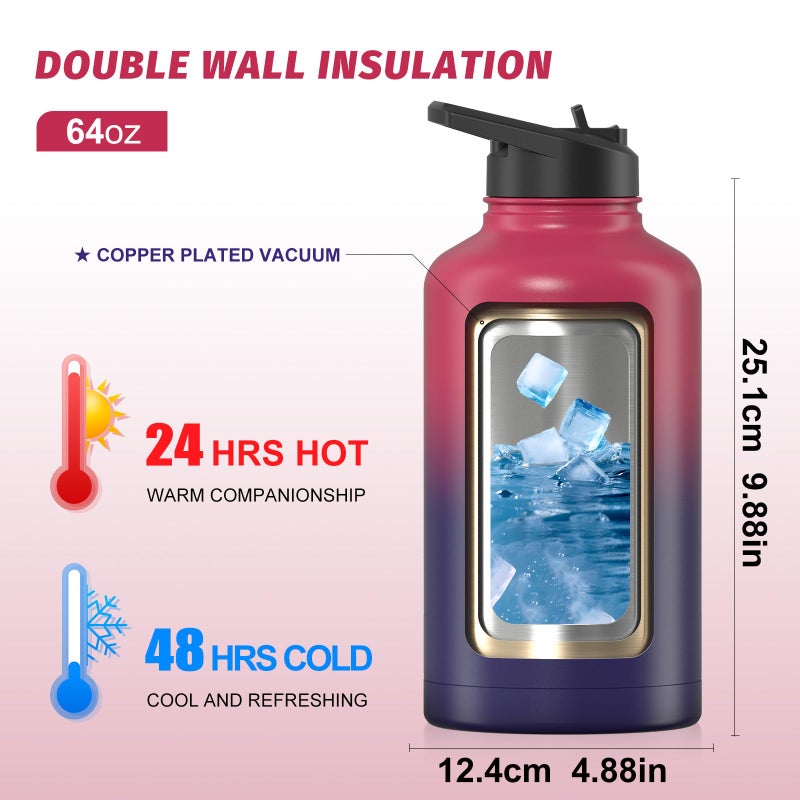 WATERSY 64oz Insulated Water Bottle (Cold for 48 Hrs),BPA Free&Leak Proof,Half Gallon Stainless Steel Water Flask,Water Jug with Straw Spout Lids for Gym,Hiking,Camping,Red Purple - Image 2