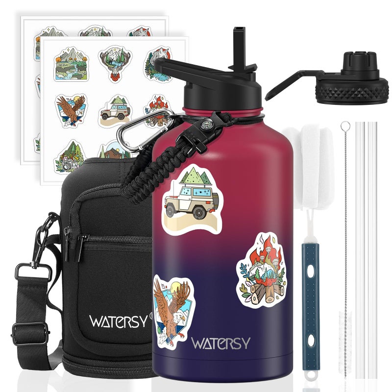 WATERSY 64oz Insulated Water Bottle (Cold for 48 Hrs),BPA Free&Leak Proof,Half Gallon Stainless Steel Water Flask,Water Jug with Straw Spout Lids for Gym,Hiking,Camping,Red Purple - Image 1