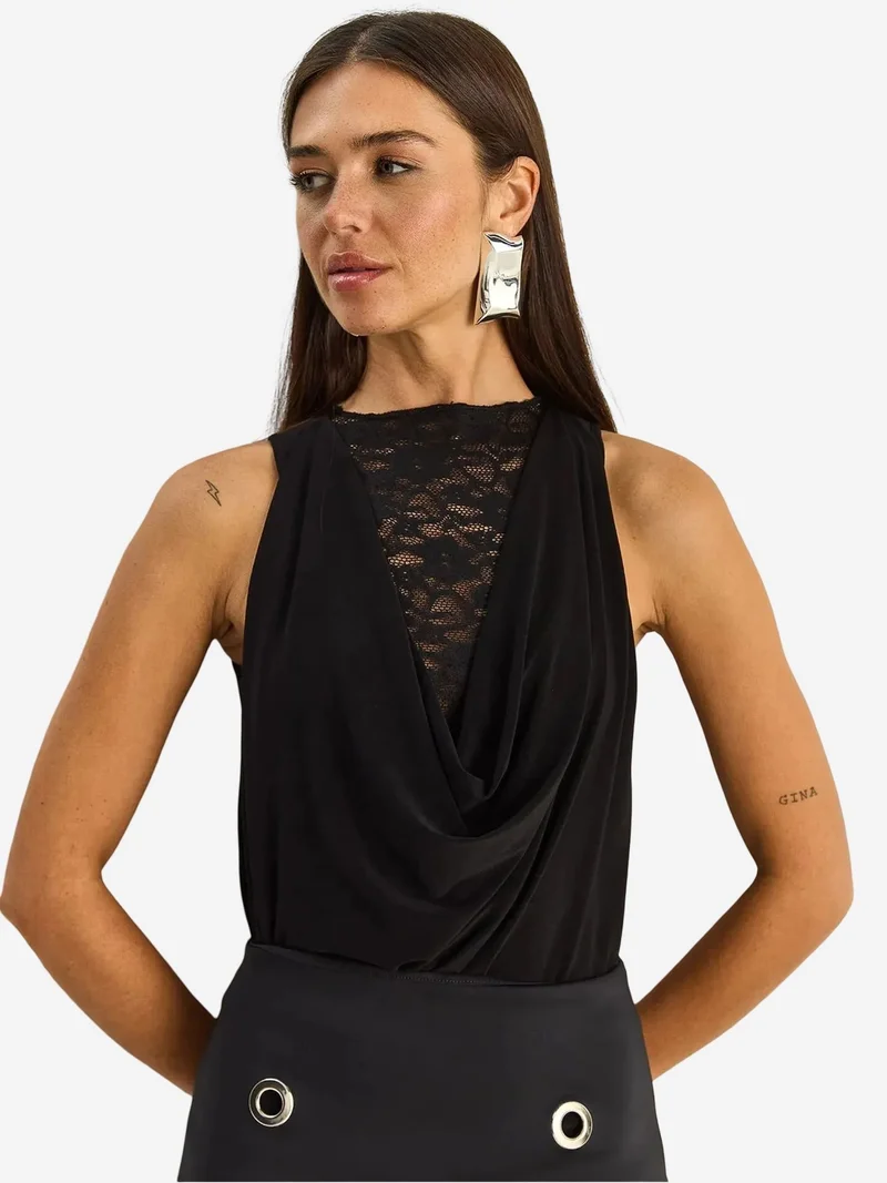 Bianco Lucci LUCCI Lace Cowl Neck Sleeveless Blouse