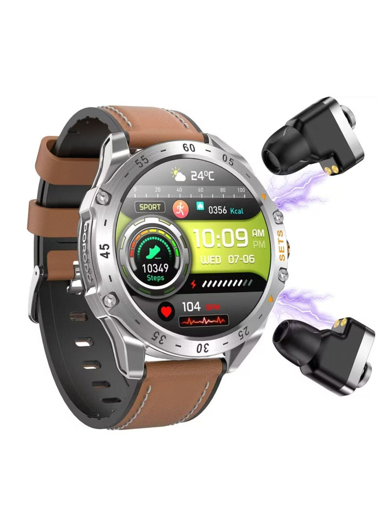 porodo Hype Smart Watch with Wireless Earbuds and Brown Leather