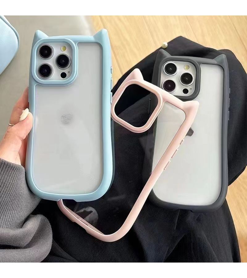 Light Blue Clear Cat Ear Phone Case For iPhone 15 Cute Animal Lens Cover - Image 1