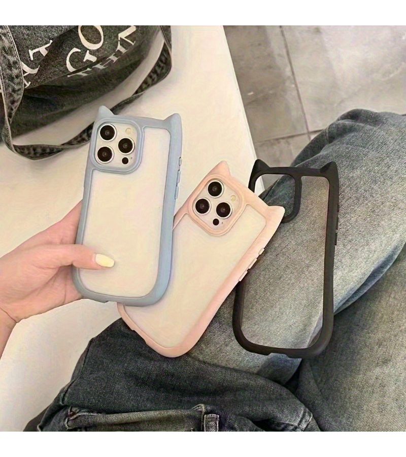 Light Blue Clear Cat Ear Phone Case For iPhone 15 Cute Animal Lens Cover - Image 5