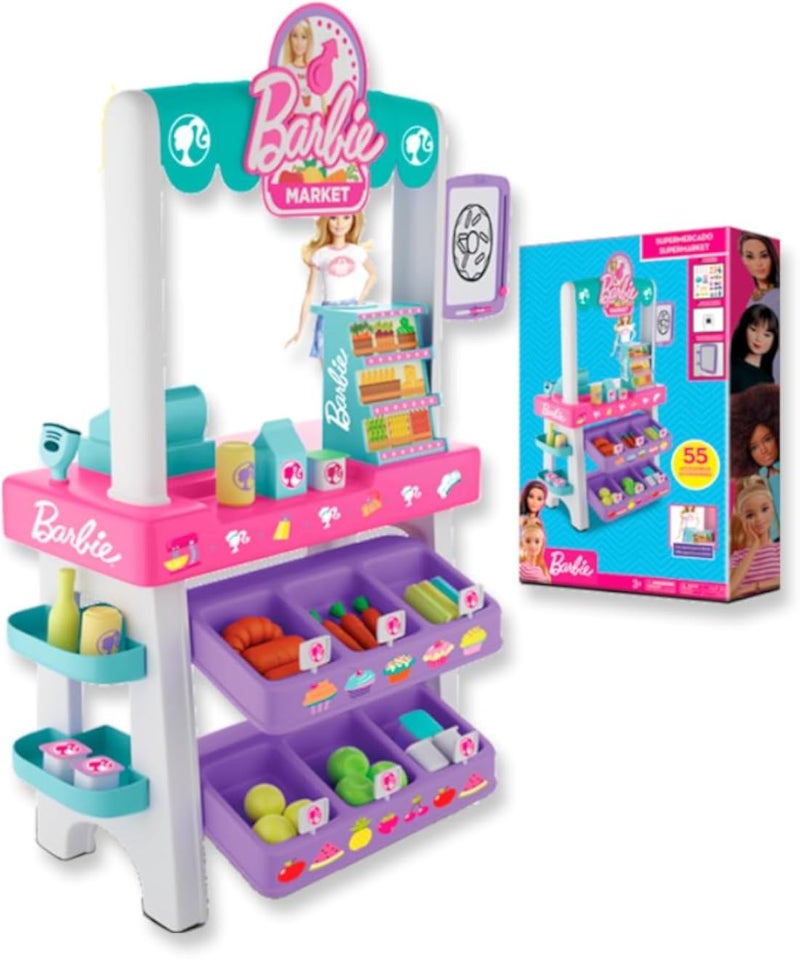 Supermarket Playset for Kids, Light and Sound with 55 Accessories, Modern Kids Roleplay Toy Including Scanner, Cashier, Groceries and Food Items, Multicolour Plastic Shop for Girls and Boys