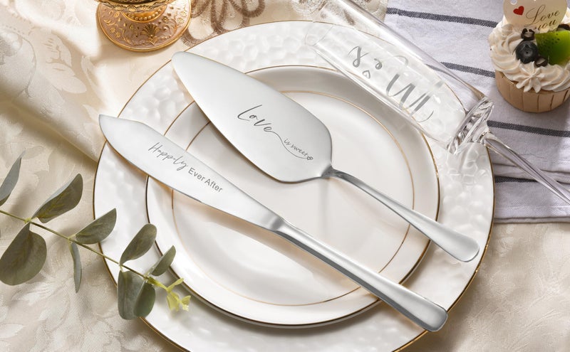 ROXBURGH Wedding Cake Knife and Server Set, Bride and Groom Mr and Mrs Champagne Flutes & Forks with Giftable Box, Cake Cutting Set for Wedding Engagement Bridal Shower Gifts - Image 2