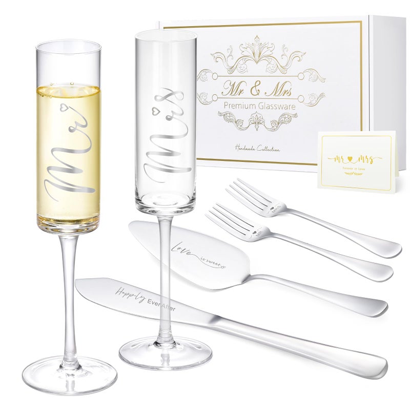 ROXBURGH Wedding Cake Knife and Server Set, Bride and Groom Mr and Mrs Champagne Flutes & Forks with Giftable Box, Cake Cutting Set for Wedding Engagement Bridal Shower Gifts - Image 1