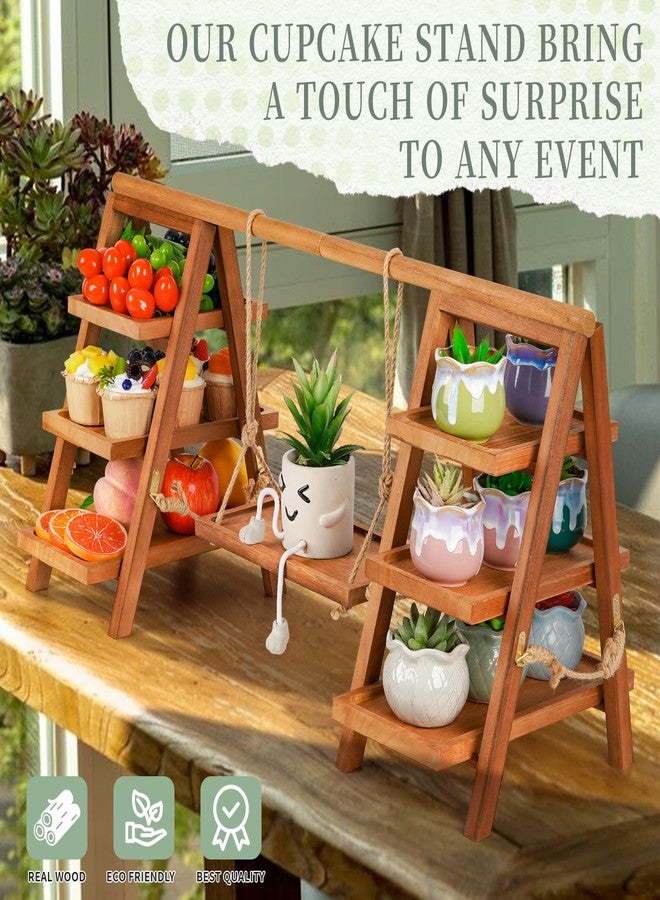 Whiidoom Cupcake Stand, 3 Tier Wood Cupcake Display Stand with Swing, Dessert Table Display Set with Serving Tray for Dessert Display for Party, Wedding, Farmhouse Decor (Brown) - Image 4