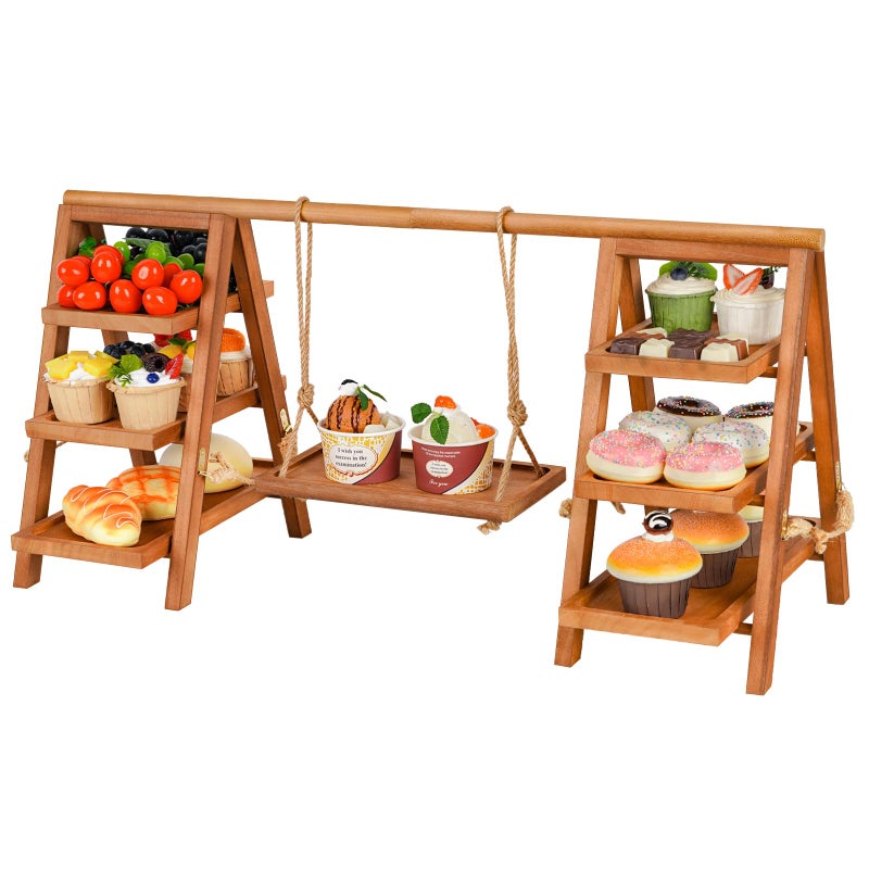 Whiidoom Cupcake Stand, 3 Tier Wood Cupcake Display Stand with Swing, Dessert Table Display Set with Serving Tray for Dessert Display for Party, Wedding, Farmhouse Decor (Brown) - Image 1