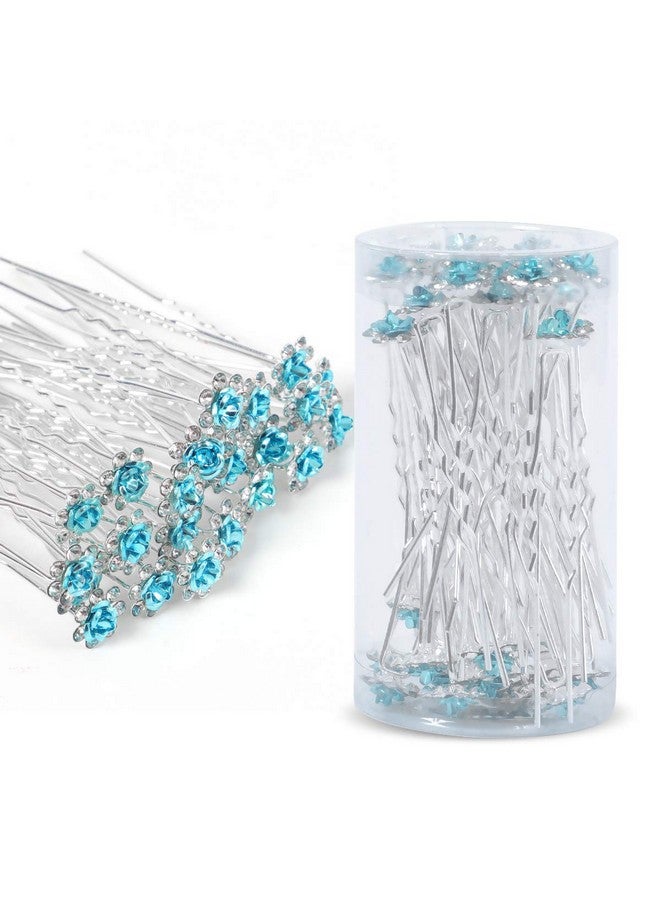 BETITETO 40 Pcs U-Shaped Flower Rhinestone Hair Pins Crystal Hair Accessories for Bridal Wedding Party Girls' Sweet Sixteen (Lake Blue) - Image 5