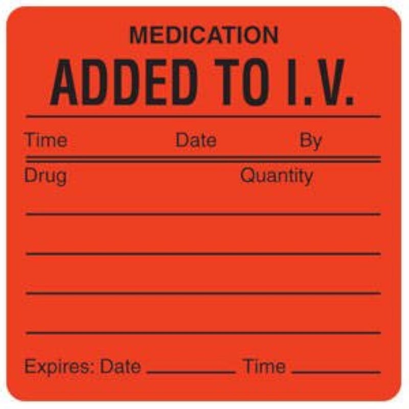 Tabbies Veterinary Medication Instruction Label, Medication Added to I.V. TIME_…, 2-1/2"W x 2-1/2"H, Fluorescent Red, 390 Labels Per Roll - Image 2