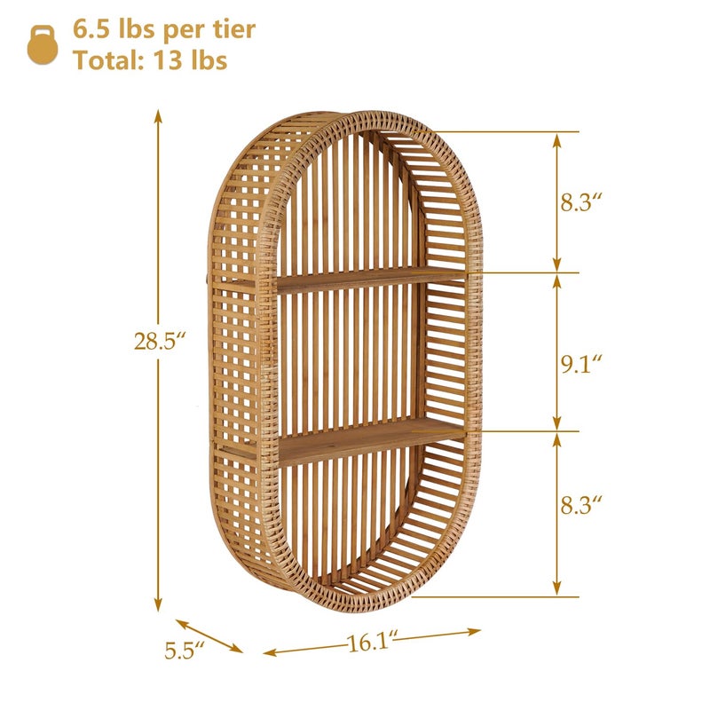 Synovana Rattan Wall Shelf - 3 Tier Boho Oval Floating Shelf Handcraft Hanging Shelves for Bathroom Living Room Wall Decor, 16.14" x 28.54" - Image 2