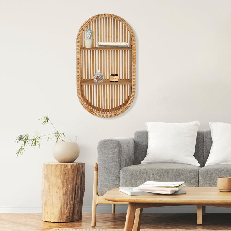 Synovana Rattan Wall Shelf - 3 Tier Boho Oval Floating Shelf Handcraft Hanging Shelves for Bathroom Living Room Wall Decor, 16.14" x 28.54" - Image 4