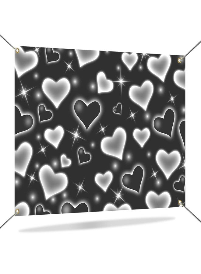 Mocsicka Early 2000s Photography Backdrop Black Heart Photo Backdrop Valentines Heart Stars Vinyl Valentines Day Party Decoration Newborn Kids Portrait Photo Props (7x5ft) - Image 1