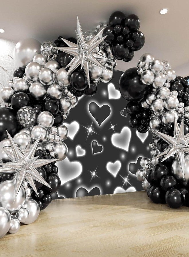 Mocsicka Early 2000s Photography Backdrop Black Heart Photo Backdrop Valentines Heart Stars Vinyl Valentines Day Party Decoration Newborn Kids Portrait Photo Props (7x5ft) - Image 2