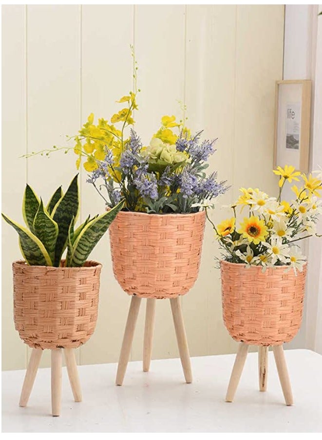 HOME TASTE TOMSUN Set of 3 Modern Rattan Plant Stands with Wood Legs Woven Pot Holders Floor Planter Baskets Rack  - Image 1