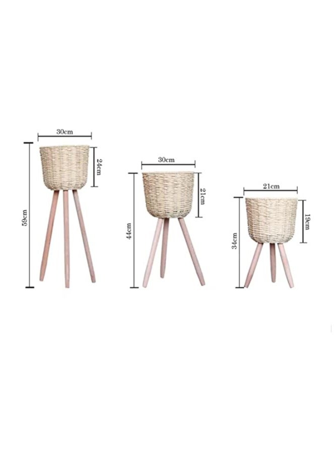 HOME TASTE TOMSUN Set of 3 Modern Rattan Plant Stands with Wood Legs Woven Pot Holders Floor Planter Baskets Rack  - Image 2