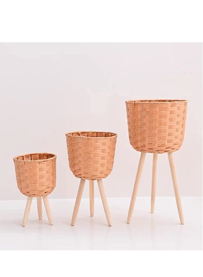 HOME TASTE TOMSUN Set of 3 Modern Rattan Plant Stands with Wood Legs Woven Pot Holders Floor Planter Baskets Rack  - Image 3