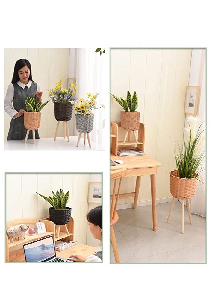 HOME TASTE TOMSUN Set of 3 Modern Rattan Plant Stands with Wood Legs Woven Pot Holders Floor Planter Baskets Rack  - Image 4
