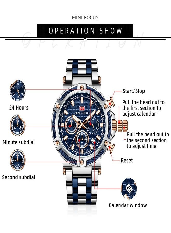 MF MINI FOCUS Business Men Watches (Chronograph/Waterproof/Luminous/Calendar/24 Hours) Big Face Stainless Steel Band Watches for Men - Image 5