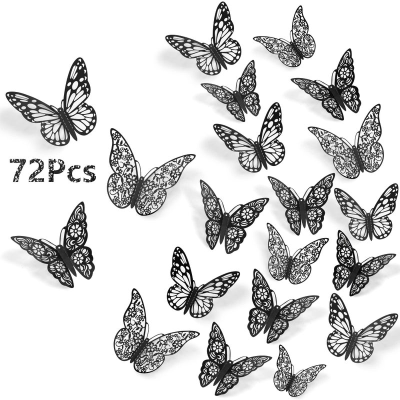 SAOROPEB 3D Butterfly Wall Stickers, 72Pcs 3 Sizes 3 Styles, Removable Metallic Wall Decals Fridge Sticker Room Mural Decoration for Kids Bedroom Nursery Classroom Party Wedding Decor DIY Gift (Black) - Image 1