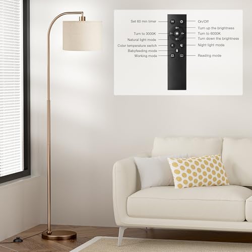 Ambimall Arc Floor Lamp with Remote and Stepless Dimmable Bulb, Colors Temperature & Brightness Adjustable, Floor Lamps for Living Room（Deep Beige Shade & Brown Pole） - Image 4