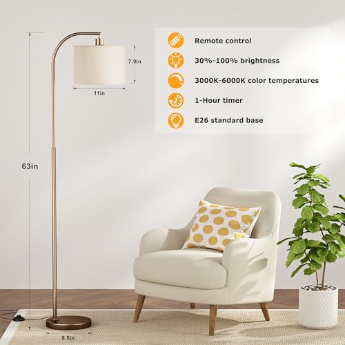 Ambimall Arc Floor Lamp with Remote and Stepless Dimmable Bulb, Colors Temperature & Brightness Adjustable, Floor Lamps for Living Room（Deep Beige Shade & Brown Pole） - Image 2