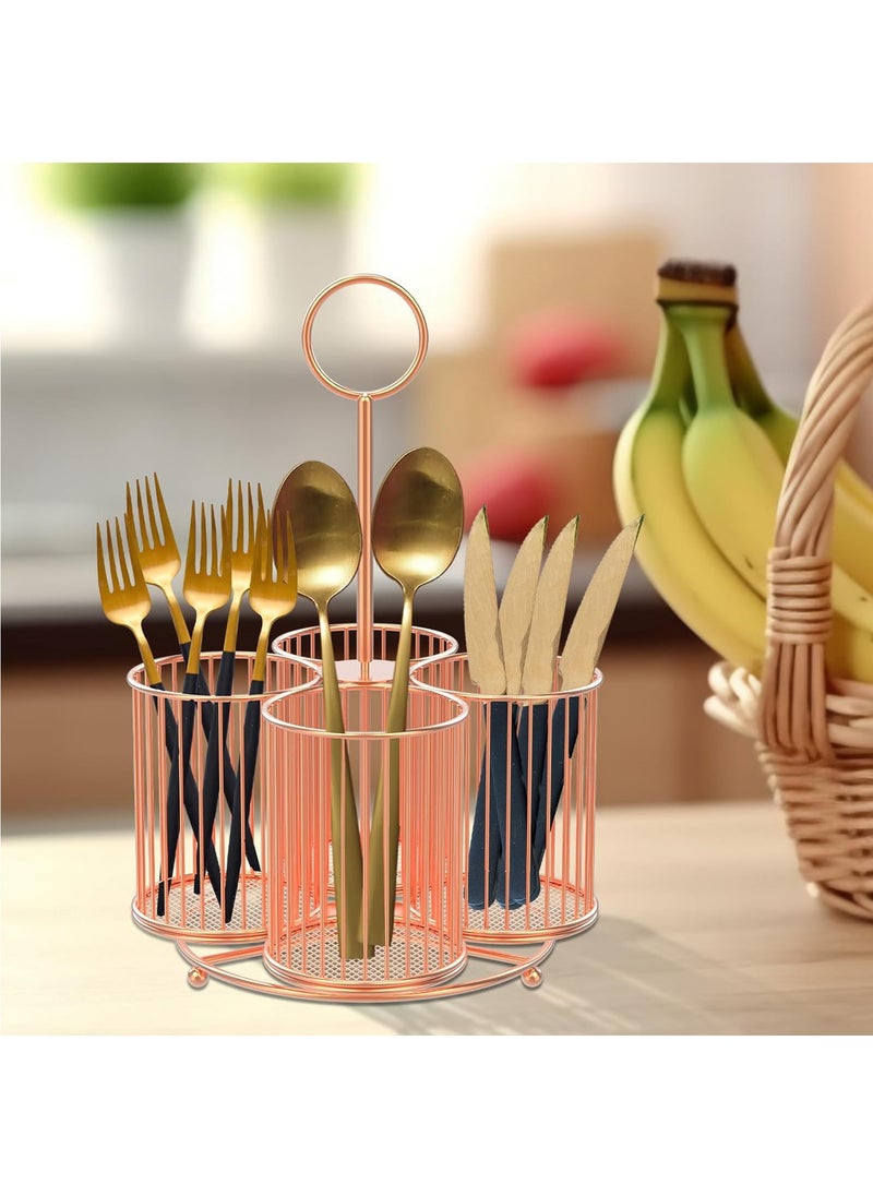 Hihonor 360° Rotating Utensil Caddy, 4 Compartment Metal Utensil Organizer with Handle 6.3×6.3×11 Inch Kitchen Utensil Caddy Multifunctional Cutlery Storage Holder Portable Flatware Organizer for Home Party (Pink)  - Image 1