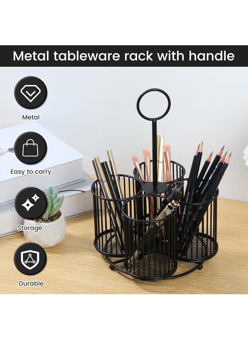Hihonor 360° Rotating Utensil Caddy, 4 Compartment Metal Utensil Organizer with Handle 6.3×6.3×11 Inch Kitchen Utensil Caddy Multifunctional Cutlery Storage Holder Portable Flatware Organizer for Home Party (Pink)  - Image 4