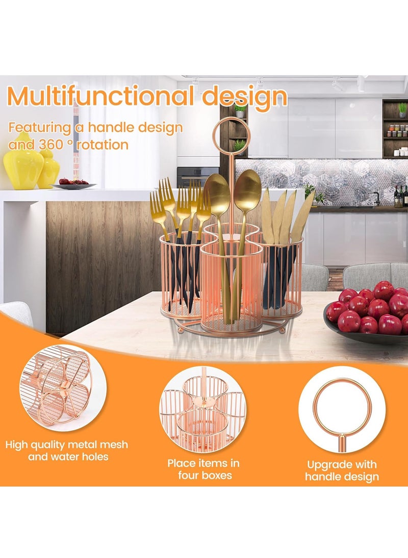Hihonor 360° Rotating Utensil Caddy, 4 Compartment Metal Utensil Organizer with Handle 6.3×6.3×11 Inch Kitchen Utensil Caddy Multifunctional Cutlery Storage Holder Portable Flatware Organizer for Home Party (Pink)  - Image 3