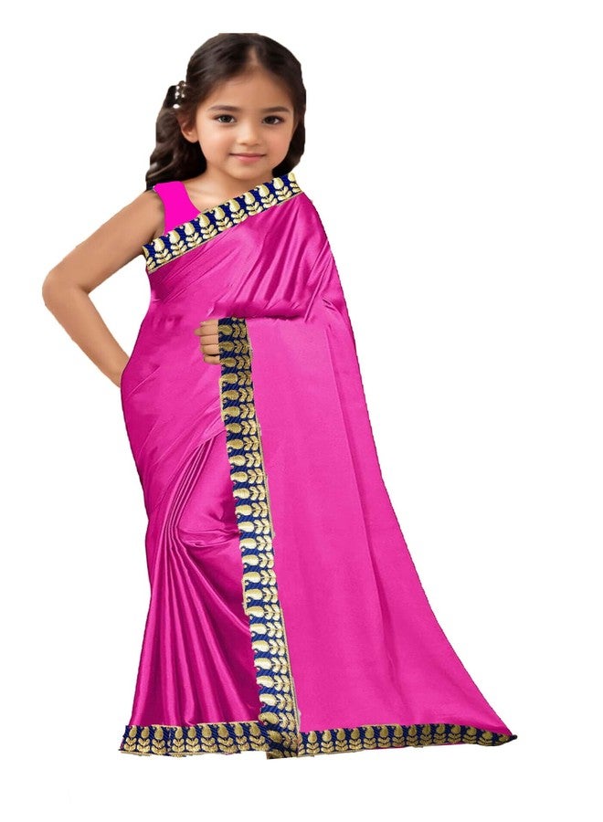 HIBA CREATIONS Baby Girl Kids Satin Saree in Pink Colour with border 18-24 Months - Image 1