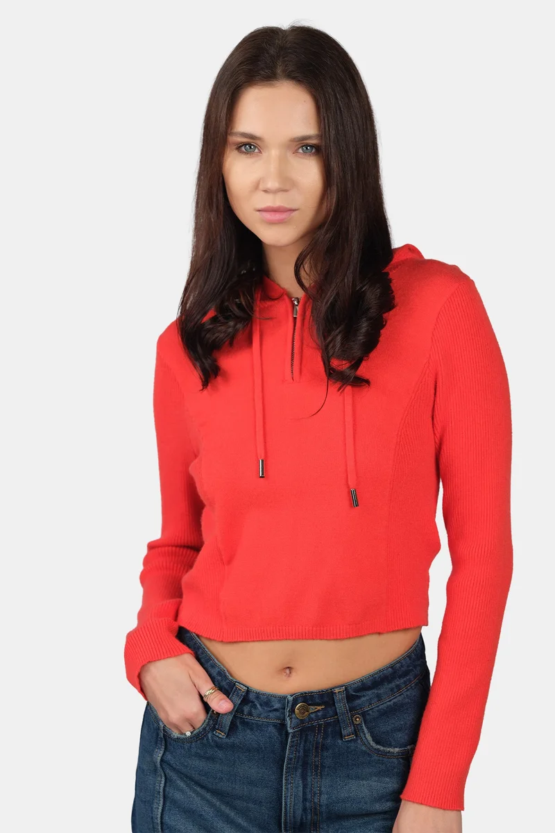 Virgio Self Design Viscose Half Zip Slim Fit Knit Hoodie for Women