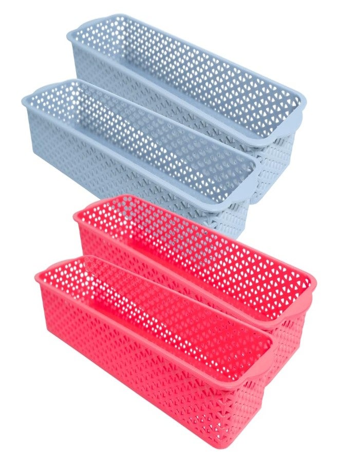 MORVI Deskmate Multi-Purpose Plastic Storage Basket|Durable Stackable Organizer Tokri For Home,Kitchen,Bathroom & Office| Drawer Tray,Cutlery,Cosmetics,Stationery|Set Of 4|Light Grey Red - Image 1