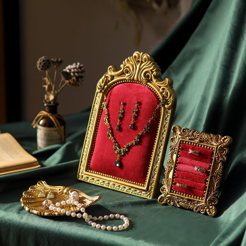 Aboacent 3-Piece Jewelry Display Stand, Velvet Necklace Display Set, Ring Holder Dish, Vintage, Earring Organizer, Baroque Trinket Storage Dish for Women Gifts, Necklace Jewelry Stand for Selling - Image 3