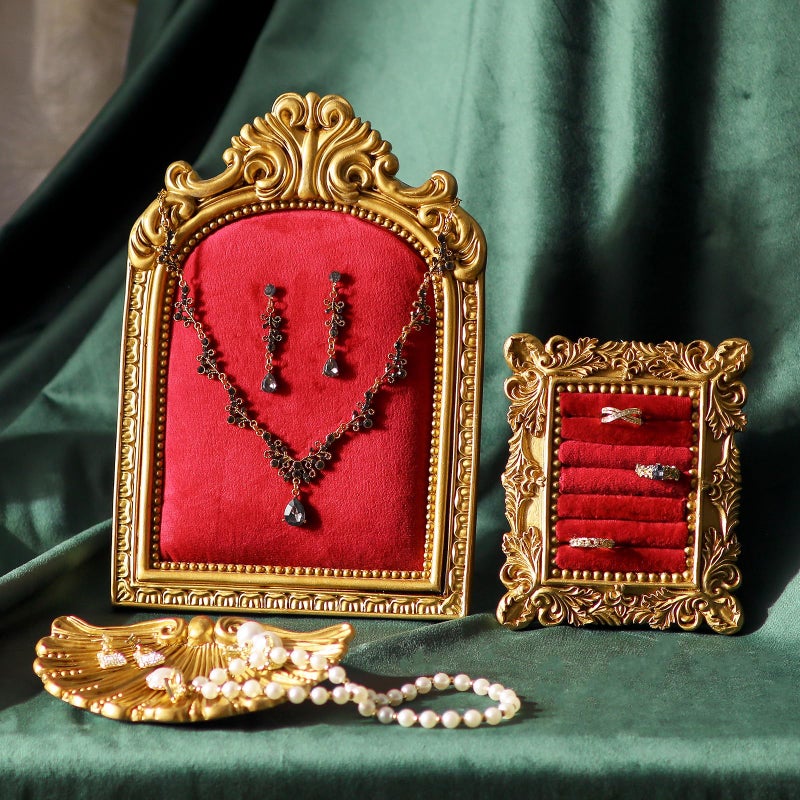 Aboacent 3-Piece Jewelry Display Stand, Velvet Necklace Display Set, Ring Holder Dish, Vintage, Earring Organizer, Baroque Trinket Storage Dish for Women Gifts, Necklace Jewelry Stand for Selling - Image 5