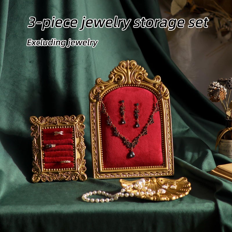 Aboacent 3-Piece Jewelry Display Stand, Velvet Necklace Display Set, Ring Holder Dish, Vintage, Earring Organizer, Baroque Trinket Storage Dish for Women Gifts, Necklace Jewelry Stand for Selling - Image 2