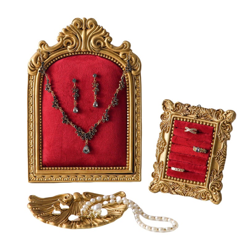Aboacent 3-Piece Jewelry Display Stand, Velvet Necklace Display Set, Ring Holder Dish, Vintage, Earring Organizer, Baroque Trinket Storage Dish for Women Gifts, Necklace Jewelry Stand for Selling - Image 1