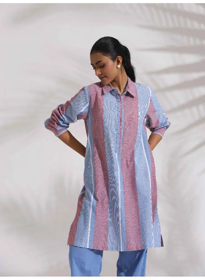 trueBrowns trueBrowns Blue Cotton Stripe Kurta Co-ord Set
