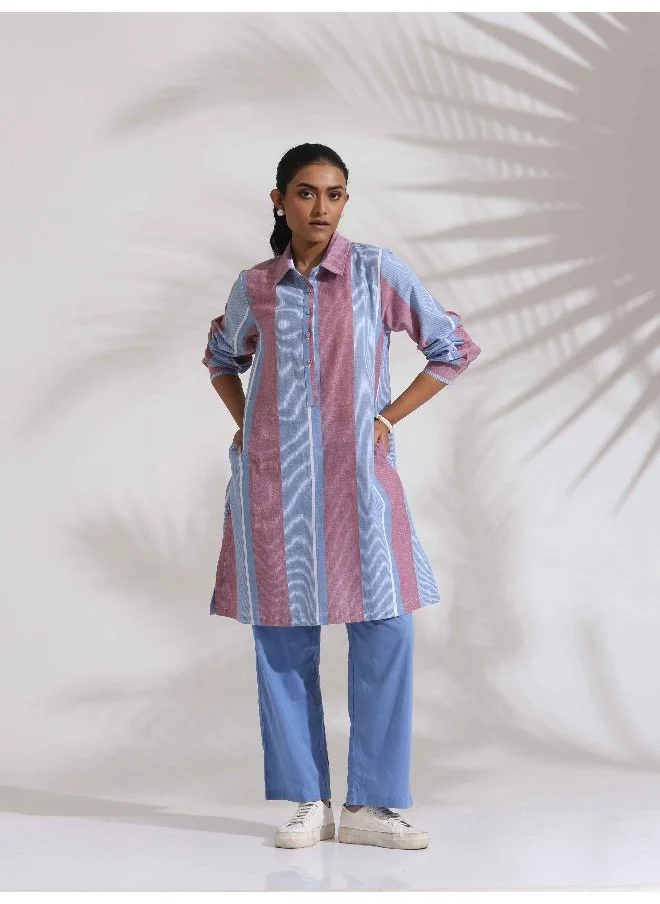 trueBrowns trueBrowns Blue Cotton Stripe Kurta Co-ord Set